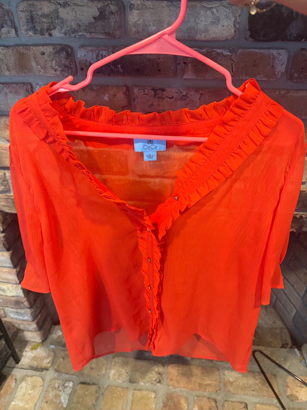 CeCe Vibrant Red Ruffle-Trim Button Blouse Size Large